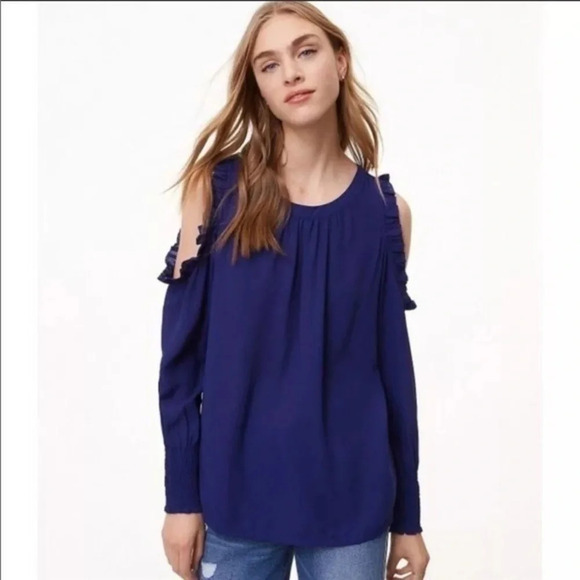 Ann Taylor LOFT Cobalt Blue Ruffle Cold Open Shoulder Long Sleeve Blouse Size M - Picture 1 of 6